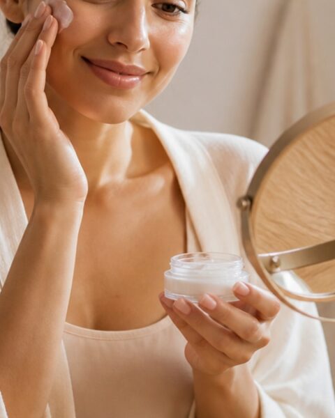 Mulher aplicando creme facial em um ambiente aconchegante com luz suave, rodeada por produtos de skincare organizados em uma bancada de madeira clara.