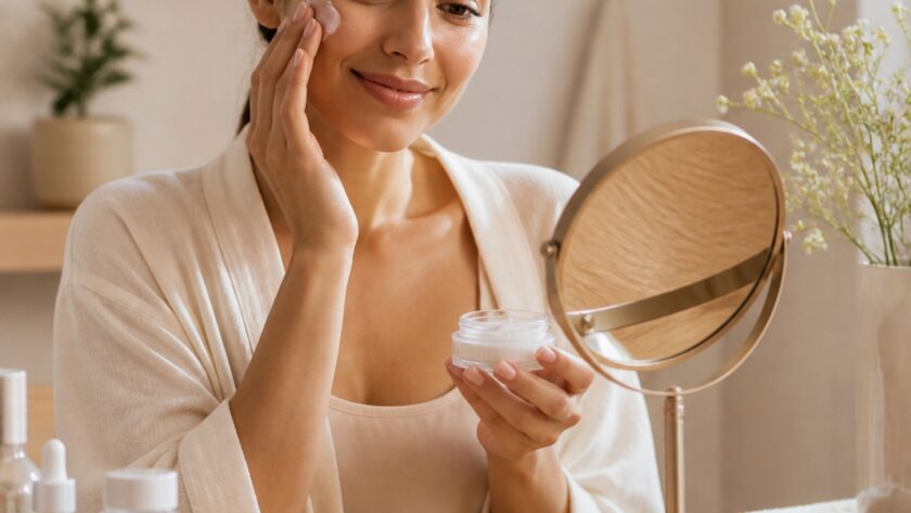 Mulher aplicando creme facial em um ambiente aconchegante com luz suave, rodeada por produtos de skincare organizados em uma bancada de madeira clara.