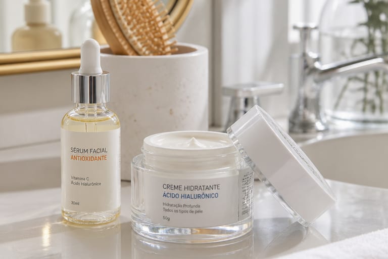 Close em frascos de sérum e creme hidratante em uma bancada de banheiro iluminada, destacando texturas e cores dos produtos em um ambiente claro e organizado.