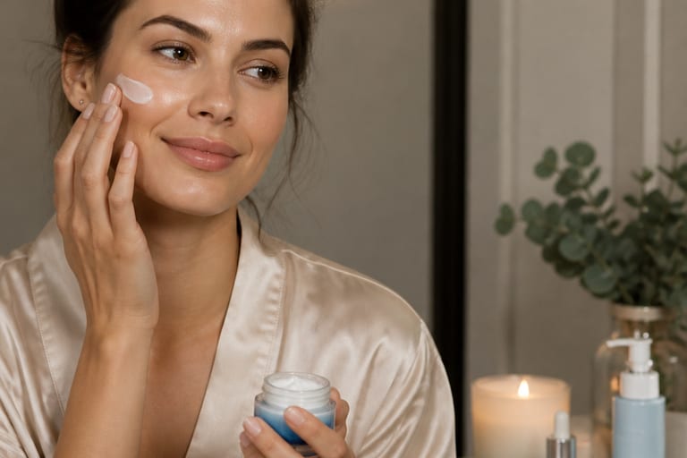 Mulher aplicando creme noturno em um ambiente iluminado, com expressão relaxada e produtos de skincare em tons suaves ao fundo.