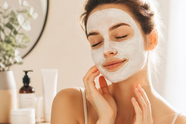 Mulher usando máscara facial em ambiente relaxante com luz suave e produtos de skincare ao fundo.